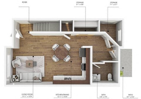 Floor plan for 2 beds, 1.5 baths, 997 sqft