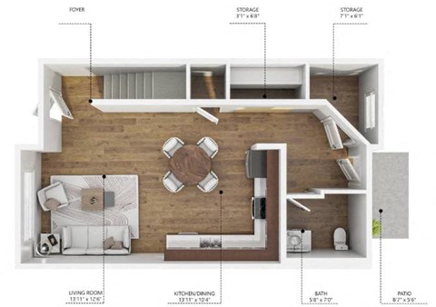 Floor plan for 2 beds, 1.5 baths, 997 sqft