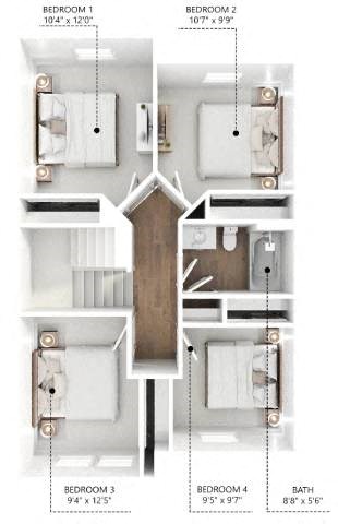 Floor plan for 4 beds, 2 baths, 1348 sqft