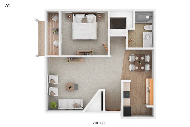 Floor plan for 1 bed, 1 bath, 720 sqft