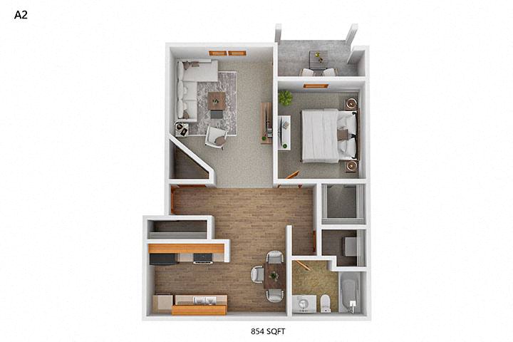 Floor plan for 1 bed, 1 bath, 854 sqft
