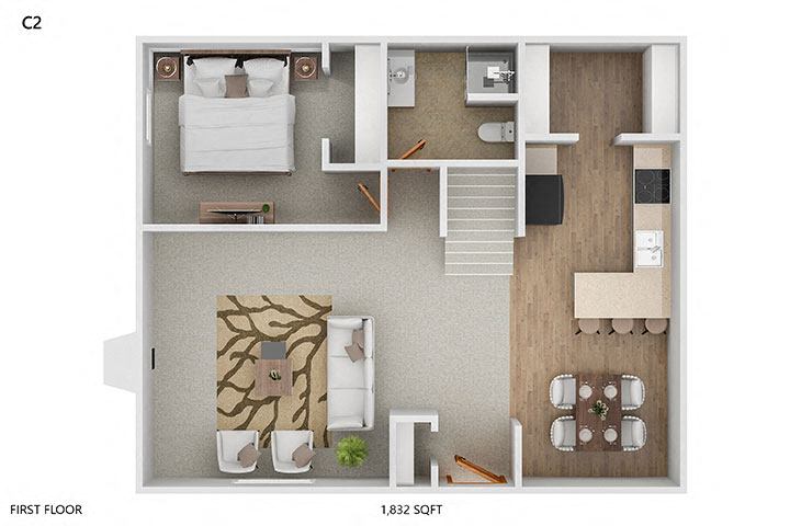 Floor plan for 2 beds, 2 baths, 1216 sqft