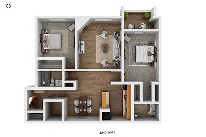Floor plan for 2 beds, 2 baths, 1242 sqft