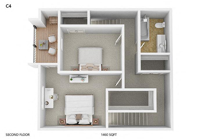 Floor plan for 2 beds, 2 baths, 1460 sqft