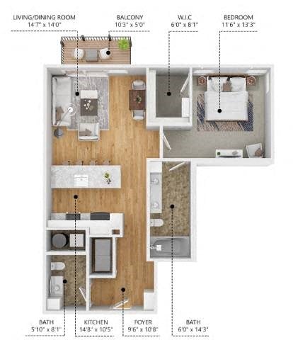 Floor plan for 1 bed, 1.5 baths, 880 sqft