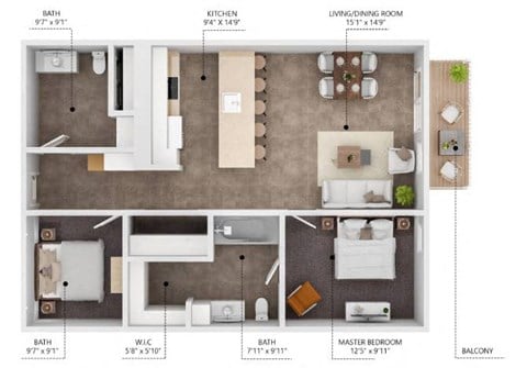 Floor plan for 1 bed, 1.5 baths, 924 sqft