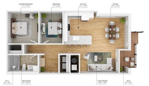 Floor plan for 1 bed, 1 bath, 982 sqft