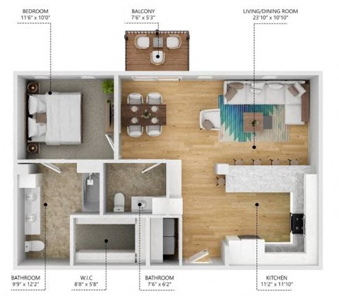 Floor plan for 1 bed, 1.5 baths, 826 sqft