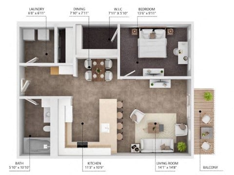 Floor plan for 1 bed, 1 bath, 835 sqft