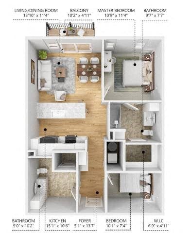 Floor plan for 1 bed, 1.5 baths, 835 sqft