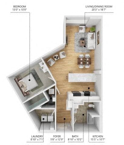 Floor plan for 1 bed, 1 bath, 865 sqft
