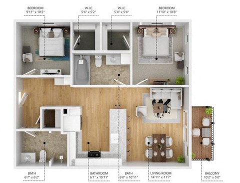 Floor plan for 2 beds, 1.5 baths, 893 sqft