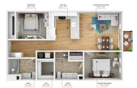 Floor plan for 2 beds, 1 bath, 1238 sqft