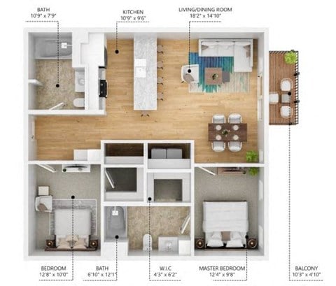 Floor plan for 2 beds, 2 baths, 1025 sqft