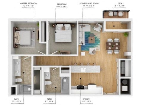 Floor plan for 2 beds, 2 baths, 1032 sqft