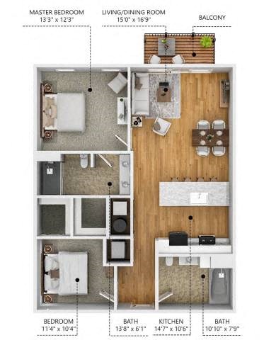 Floor plan for 2 beds, 2 baths, 1029 sqft