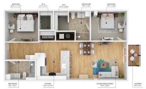 Floor plan for 2 beds, 2 baths, 1123 sqft