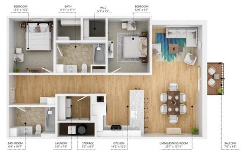 Floor plan for 2 beds, 2 baths, 1192 sqft