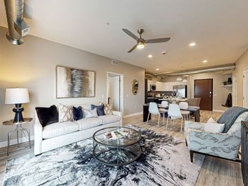Des Moines apartment for rent - A modern living room with a white couch and a black and white rug.