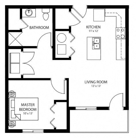 Floor plan for 1 bed, 1 bath, 661 sqft
