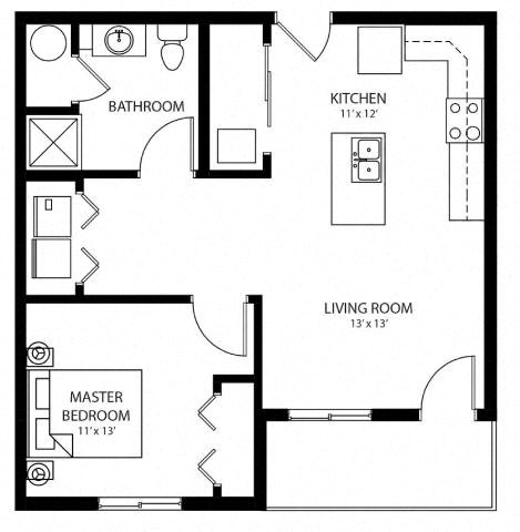 Floor plan for 1 bed, 1 bath, 625 sqft