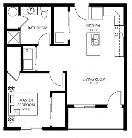 Floor plan for 1 bed, 1 bath, 625 sqft