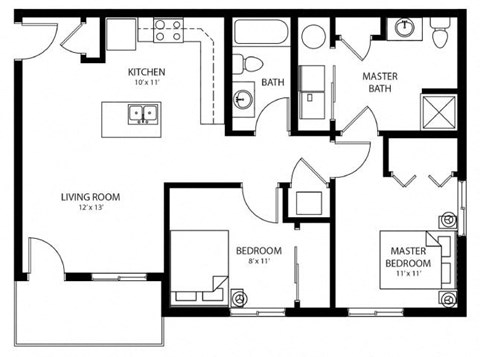 Floor plan for 2 beds, 2 baths, 958 sqft
