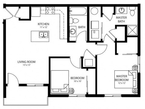 Floor plan for 2 beds, 2 baths, 873 sqft