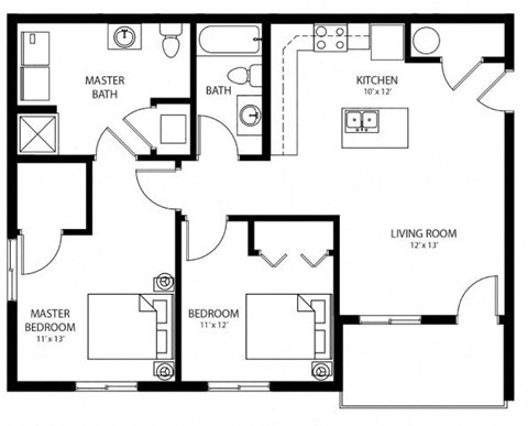 Floor plan for 2 beds, 2 baths, 936 sqft