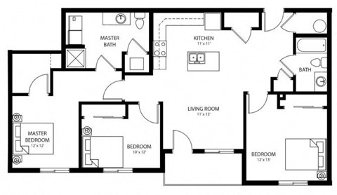 Floor plan for 3 beds, 2 baths, 1160 sqft