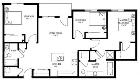 Floor plan for 3 beds, 2 baths, 1163 sqft