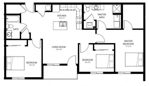 Floor plan for 3 beds, 2 baths, 1215 sqft