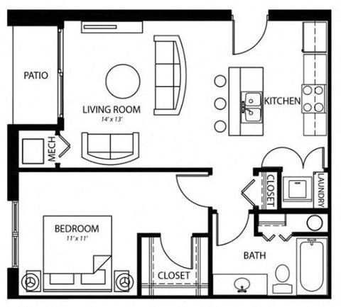 Floor plan for 1 bed, 1 bath, 661 sqft