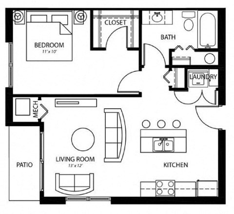 Floor plan for 1 bed, 1 bath, 668 sqft