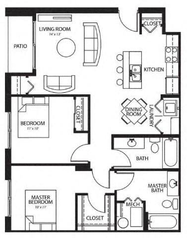 Floor plan for 2 beds, 2 baths, 958 sqft