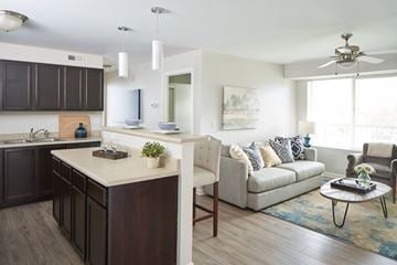 Grimes apartment for rent - A modern kitchen with dark brown cabinets and a white island.