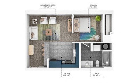 Floor plan for 1 bed, 1 bath, 481 sqft