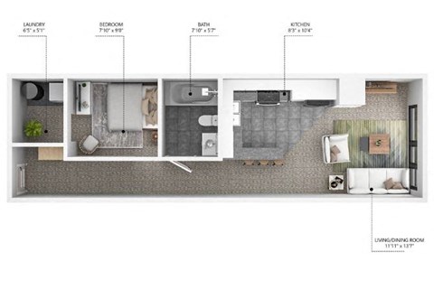 Floor plan for 1 bed, 1 bath, 511 sqft