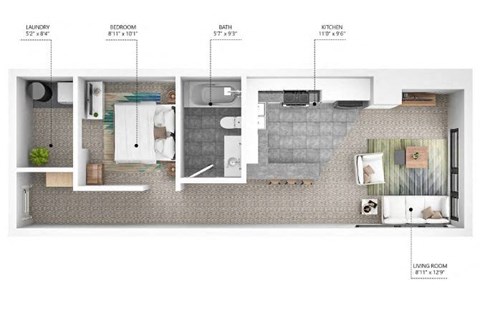 Floor plan for 1 bed, 1 bath, 631 sqft