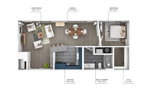 Floor plan for 1 bed, 1 bath, 696 sqft