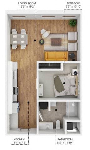 Floor plan for 1 bed, 1 bath, 627 sqft
