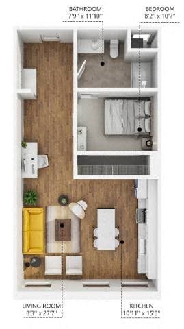 Floor plan for 1 bed, 1 bath, 704 sqft
