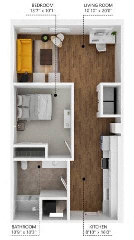 Floor plan for 1 bed, 1 bath, 723 sqft