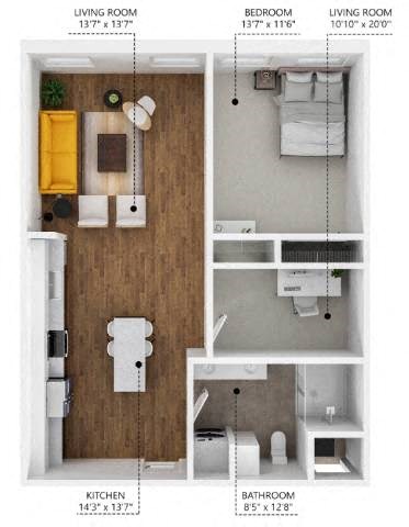 Floor plan for 1 bed, 1 bath, 823 sqft