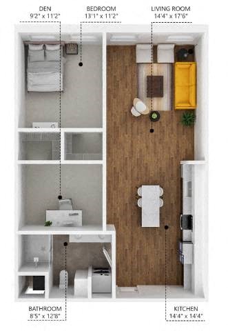 Floor plan for 1 bed, 1 bath, 922 sqft