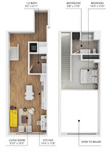 Floor plan for 1 bed, 2 baths, 973 sqft