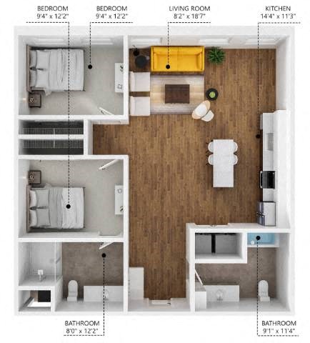 Floor plan for 2 beds, 2 baths, 1016 sqft