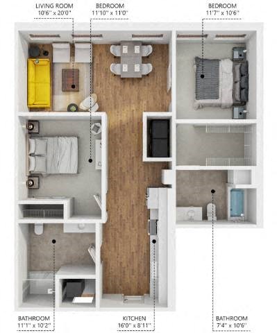 Floor plan for 2 beds, 2 baths, 1023 sqft
