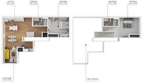 Floor plan for 2 beds, 2 baths, 1304 sqft