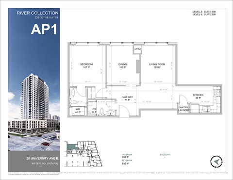 Floor plan for 1 bed, 2 baths, 832 sqft